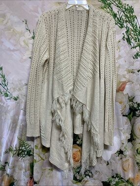Altar'd State Cream Open-Front Fringe Crochet Cardigan